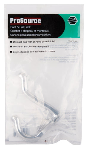 ProSource H62-B072 Coat and Hat Hook, 20 lb, 2-Hook, 1 in Opening, Zinc, Chrome